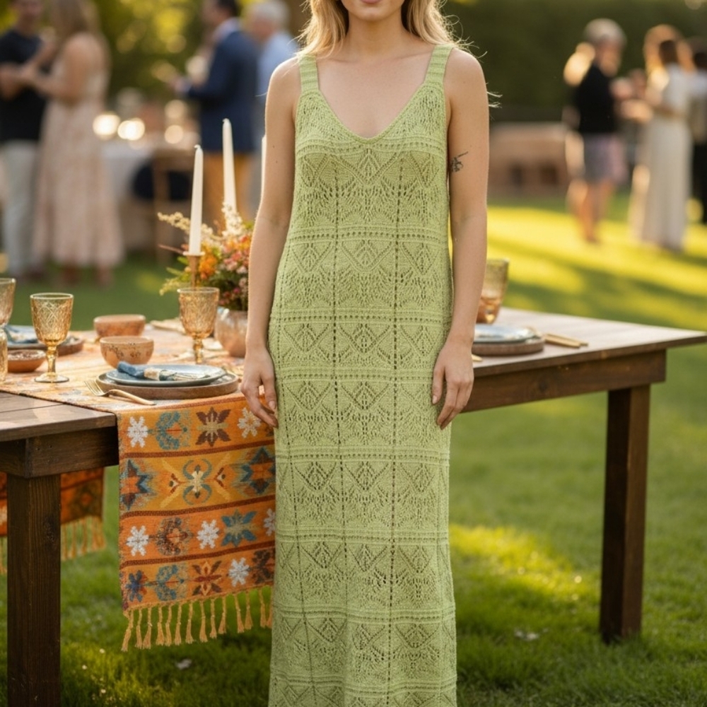 Freshman 1996 Lime Green Crochet Knit Boho V Neck Maxi Tank Dress Semi Sheer M - Picture 3 of 15